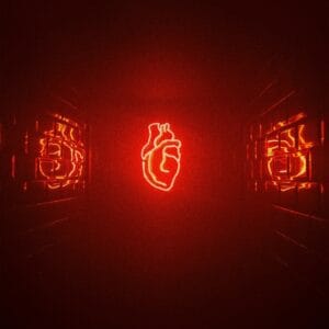 A vivid red neon heart glowing in a dark futuristic space with reflective surfaces.