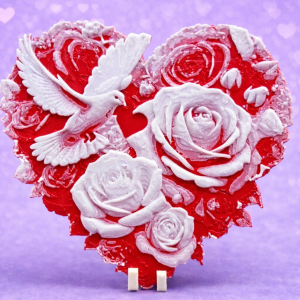 ديكور أنيق على شكل قلب مزين بتفاصيل ورود بارزة وطائر حمامة