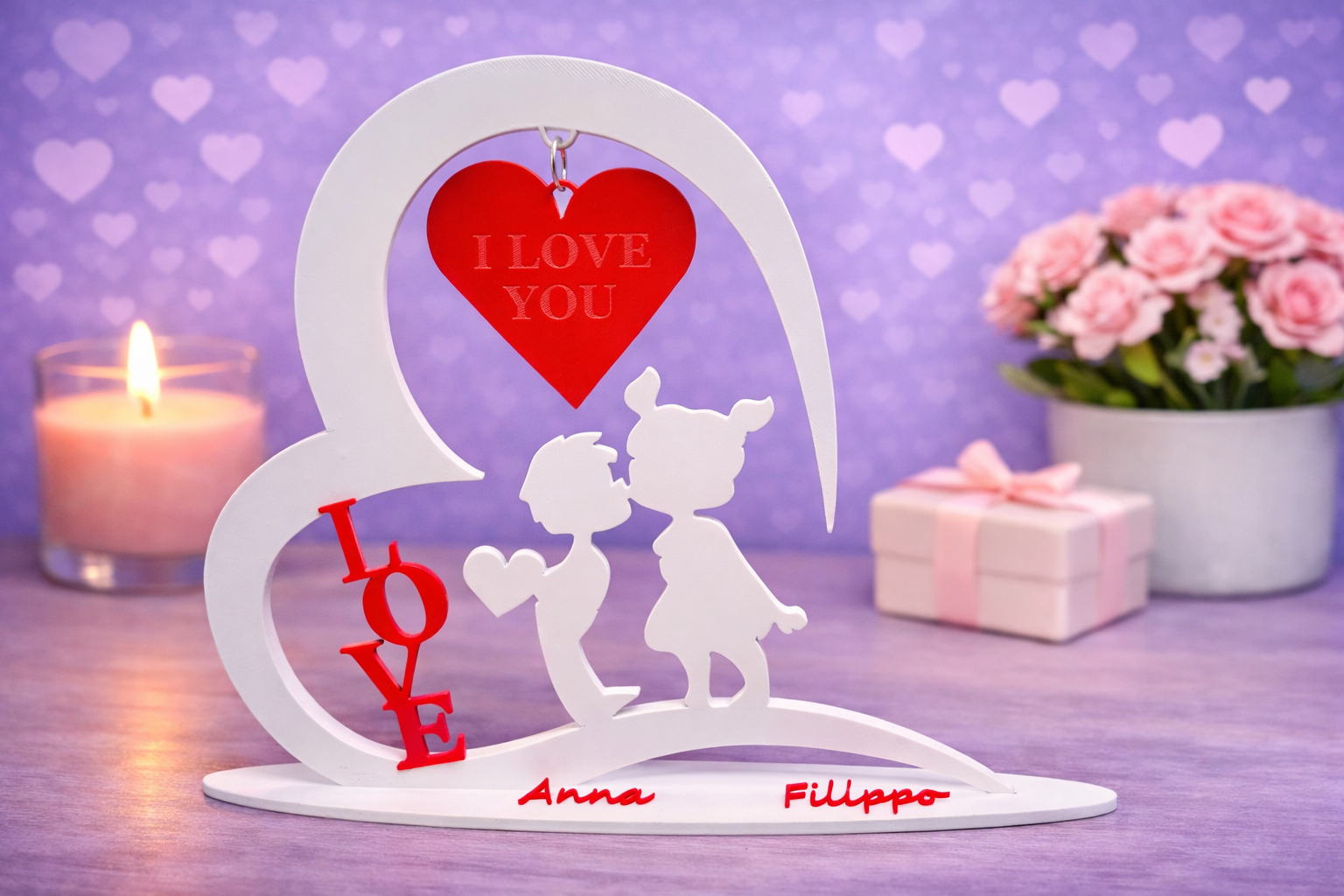 ديكور رومانسية أنيق بتصميم قلب كبير مع مجسم ظل لطفلين وقلب معلّق